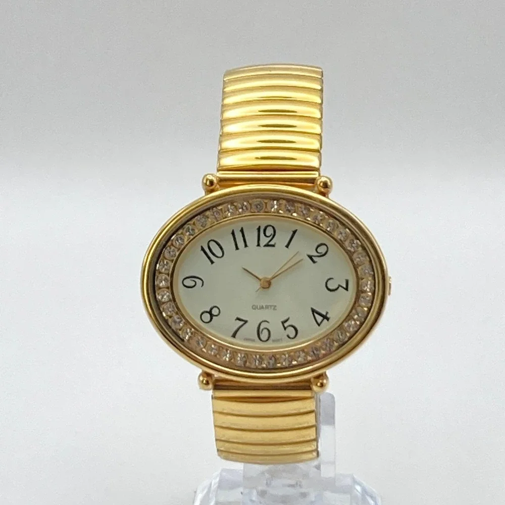 Women's Easy Reader Watch Gold Tone Crystals 43mm Wide Stretch Band New Battery